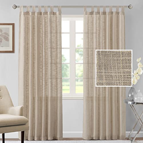 Linen Curtains Natural Linen Blended Curtains for Living Room Burlap Linen Textured Curtains Tab Top Curtains Elegant Energy Efficient Light Filtering Curtains (Set of 2, 52" x 84", Angora)