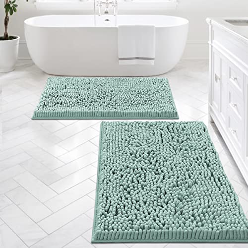Bathroom Rugs Bath Mats for Bathroom Non Slip Luxury Chenille Bathroom Rugs Extra Soft Absorbent Shaggy Bathroom Mat Rugs Washable Fast Dry Bathroom Rugs Sets 2 Piece (Aqua Foam, 24" x 36"/20" x 32")
