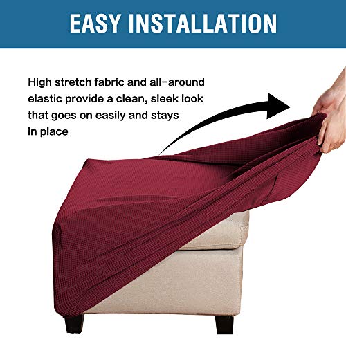 H.VERSAILTEX Square Ottoman Covers Ottoman Slipcovers Folding Storage Stool Furniture Protector Form Fit with Elastic Bottom, Stretch High Spandex Small Checks Jacquard Fabric(Medium,Burgundy Red)