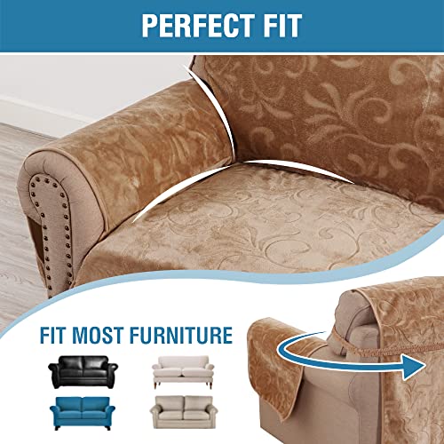 Sofa Slipcover 100% Waterproof Sofa Cover Couch Cover Premium Velvet Classic Flower Pattern Furniture Protector Non Slip with Elastic Straps for Pets Dogs Width Up to 52 Inch (Medium Sofa, Camel)