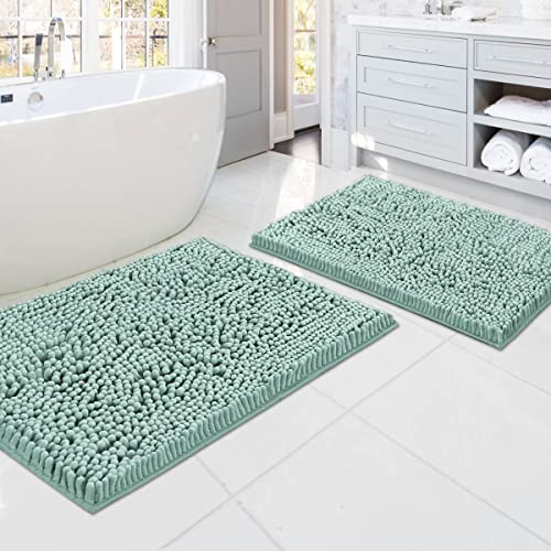 Bathroom Rugs Bath Mats for Bathroom Non Slip Luxury Chenille Bathroom Rugs Extra Soft Absorbent Shaggy Bathroom Mat Rugs Washable Fast Dry Bathroom Rugs Sets 2 Piece (Aqua Foam, 20" x 32"/17" x 24")