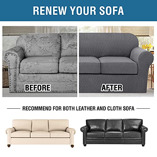 H.VERSAILTEX 4 Piece Stretch Sofa Covers for 3 Cushion Couch Covers for Living Room Furniture Slipcovers (Base Cover Plus 3 Seat Cushion Covers) Upgraded Thicker Jacquard Fabric (XL Sofa, Grey)