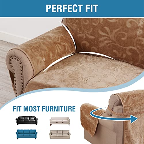 Sofa Slipcover 100% Waterproof Sofa Cover Couch Cover Premium Velvet Classic Flower Pattern Furniture Protector Non Slip with Elastic Straps for Pets Dogs Width Up to 72 Inch (Large Sofa, Camel)