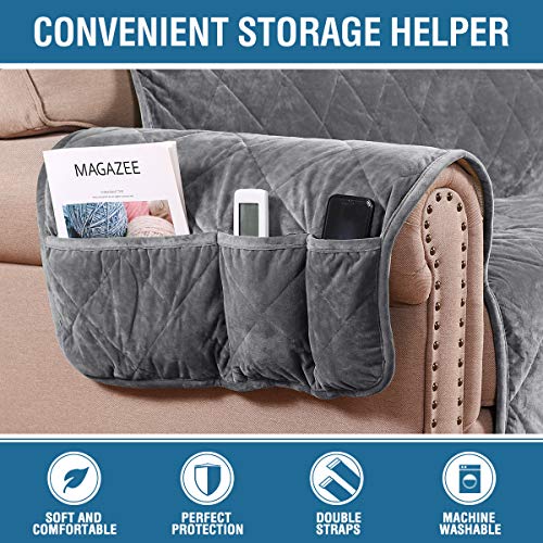 Thick Velvet Quilted Recliner Covers for Recliner Chair Covers Reclining Chair Slipcover Recliner Couch Cover with Non Slip Backing and Wider Elastic Strap (Checked - 79" x 68"- Grey)