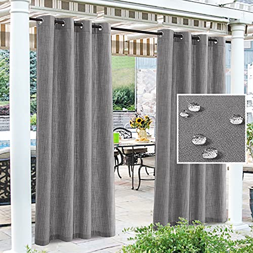 Outdoor Blackout Curtain for Patio Waterproof Linen Look Heavy Duty Indoor/Outdoor Solid Rustproof Grommet Curtain Thermal Insulated Sunlight Block Drape for Gazebo/Porch, 52”W X 95”L, Grey, 1 Panel