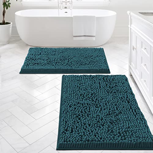 Bathroom Rugs Bath Mats for Bathroom Non Slip Luxury Chenille Bathroom Rugs Extra Soft Absorbent Shaggy Bathroom Mat Rugs Washable Fast Dry Bathroom Rugs Sets 2 Piece (Dark Teal, 24" x 36"/20" x 32")