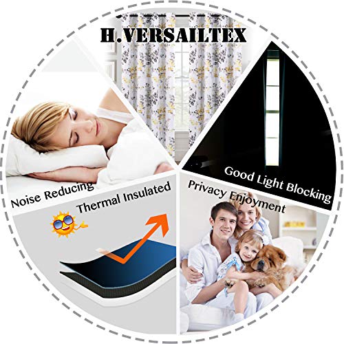 H.VERSAILTEX Blackout Curtains for Living Room Darkening Thermal Insulated Panels 54 Inch Long Light Blocking Gromment Curtains/Drapes, Grey and Yellow Vintage Classical Floral Printing, 2 Panels