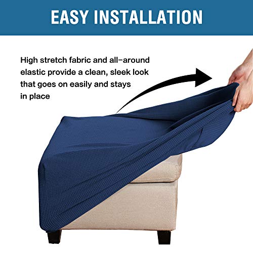 H.VERSAILTEX Square Ottoman Covers Ottoman Slipcovers Folding Storage Stool Furniture Protector Form Fit with Elastic Bottom, Stretch High Spandex Small Checks Jacquard Fabric(Medium,Navy)