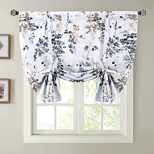 Blackout Tie Up Curtain - Thermal Insulated Balloon Curtain for Small Window Adjustable Kitchen Tie Up Curtain (Floral Pattern in Bluestone and Taupe, Rod Pocket Panel, 42 inches W x 63 inches L)