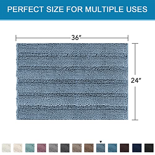 Bath Mats for Bathroom Non Slip Extra Thick Chenille Striped Bath Rug 24" x 36" Absorbent Non Skid Fluffy Soft Shaggy Rugs Washable Dry Fast Plush Mats for Indoor, Bath Room, Tub - Stone Blue