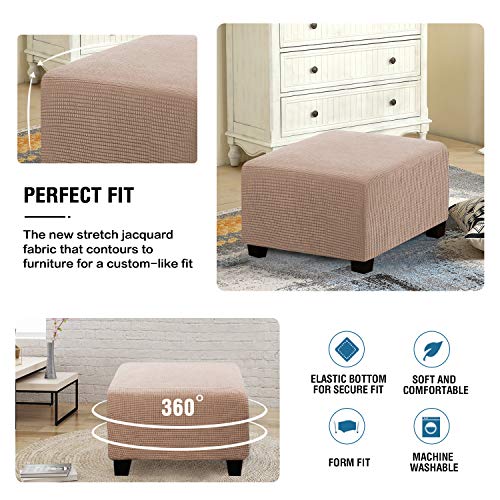 H.VERSAILTEX Square Ottoman Covers Ottoman Slipcovers Folding Storage Stool Furniture Protector Form Fit with Elastic Bottom, Stretch High Spandex Small Checks Jacquard Fabric(Medium,Sand)