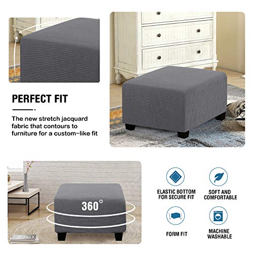 H.VERSAILTEX Square Ottoman Covers Ottoman Slipcovers Folding Storage Stool Furniture Protector Form Fit with Elastic Bottom, Stretch High Spandex Small Checks Jacquard Fabric(Medium,Grey)