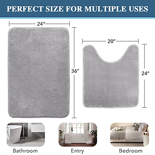 Bath Mat Memory Foam Set Bathroom Rug Set Flannel Velvety Bath Mat Luxury Extra Soft and Absorbent Non Slip Rugs for Bathroom/Bedroom Washable(Curved Set 24"x 36" Plus 20"x 24"U, Grey)