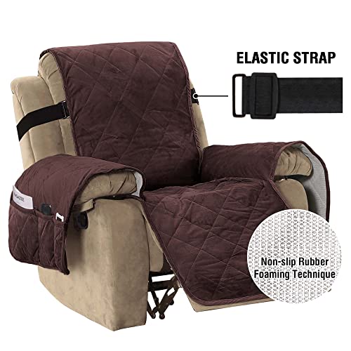 Thick Velvet Quilted Recliner Covers for Recliner Chair Covers Reclining Chair Slipcover Recliner Couch Cover with Non Slip Backing and Wider Elastic Strap (Checked - 79" x 68"- Brown)
