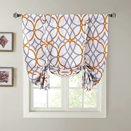Blackout Curtain Thermal Insulated Adjustable Tie Up Shade Balloon Window Shade, Room Darkening Rod Pocket Curtain - 42" Wide by 63" Long - Mustard and Grey Geo Pattern