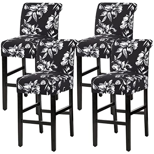 H.VERSAILTEX Stretch Bar Stool Cover Set of 4 Pub Counter Stool Chair Slipcover for Dining Room Cafe Height Side Chairs Feature Modern Floral Printed Design, Black
