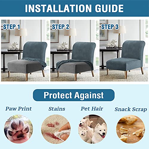 Armless Chair Slipcover Thick Striped Velvet Accent Chair Cover for Living Room High Stretch Slipper Chair Slipcover Removable Furniture Protector with Elastic Bottom, Machine Washable, Stone Blue