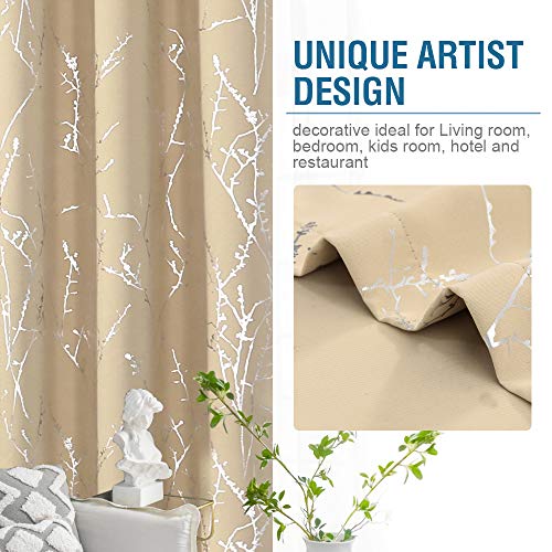H.VERSAILTEX Blackout Curtains for Bedroom Foil Print Twig Tree Branch Thermal Insulated Grommet Curtain Drapes Light Blocking Thick Soft Window Curtains for Living 52 x 45 Inch Beige 2 Panels