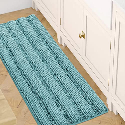 Bath Rugs for Bathroom Non Slip Bath Mats Extra Thick Chenille Striped Bath Rug Runners 47" x 17" Absorbent Fluffy Soft Shaggy Mats Dry Fast Plush Area Carpet for Bath Room - Aqua Haze