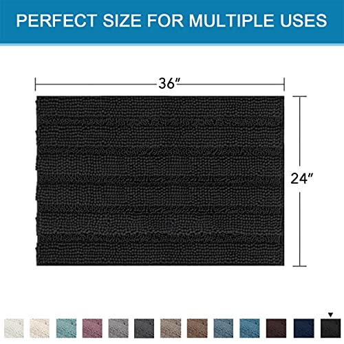 Bath Mats for Bathroom Non Slip Extra Thick Chenille Striped Bath Rug 24" x 36" Absorbent Non Skid Fluffy Soft Shaggy Rugs Washable Dry Fast Plush Mats for Indoor, Bath Room, Tub - Black