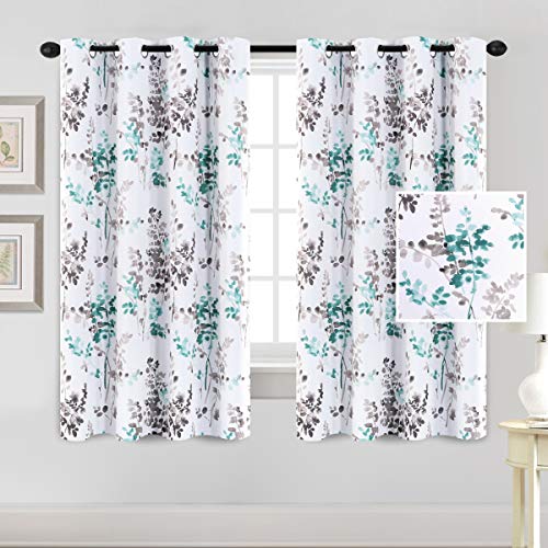 H.VERSAILTEX Blackout Curtains for Living Room Darkening Thermal Insulated Panels 45 Inch Long Light Blocking Gromment Curtains/Drapes, Grey and Turquoise Vintage Classical Floral Printing, 2 Panels
