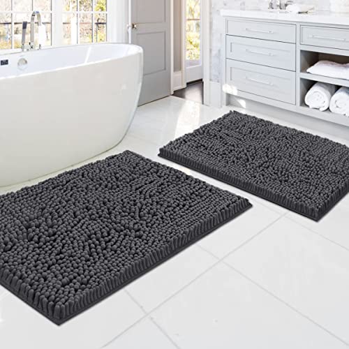 Bathroom Rugs Bath Mats for Bathroom Non Slip Luxury Chenille Bathroom Rugs Extra Soft Absorbent Shaggy Bathroom Mat Rugs Washable Fast Dry Bathroom Rugs Sets 2 Piece (Grey, 20" x 32"/17" x 24")
