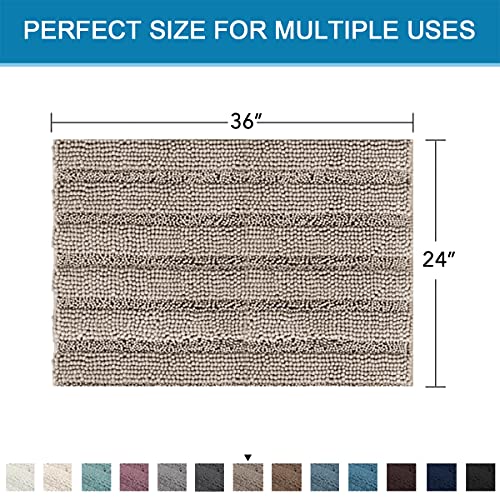 Bath Mats for Bathroom Non Slip Extra Thick Chenille Striped Bath Rug 24" x 36" Absorbent Non Skid Fluffy Soft Shaggy Rugs Washable Dry Fast Plush Mats for Indoor, Bath Room, Tub - Taupe