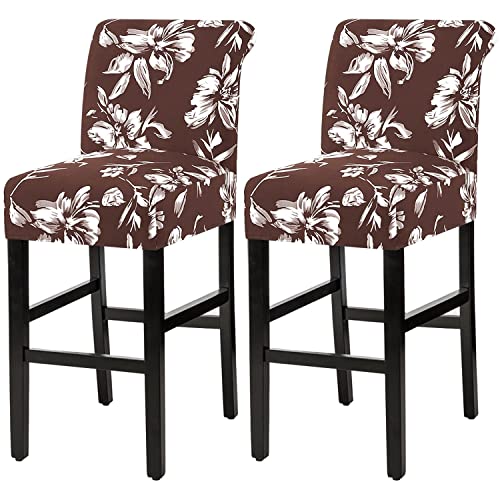 H.VERSAILTEX Stretch Bar Stool Cover Set of 2 Pub Counter Stool Chair Slipcover for Dining Room Cafe Height Side Chairs Feature Modern Floral Printed Design, Chocolate