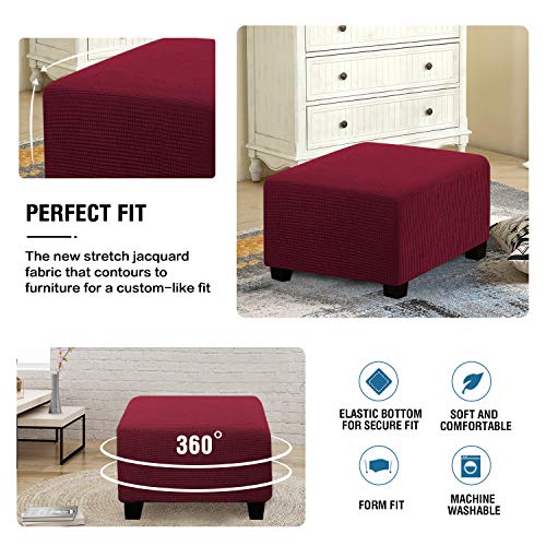 H.VERSAILTEX Square Ottoman Covers Ottoman Slipcovers Folding Storage Stool Furniture Protector Form Fit with Elastic Bottom, Stretch High Spandex Small Checks Jacquard Fabric(Medium,Burgundy Red)