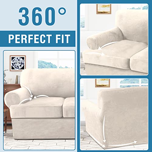 Sofa Cover 4 Piece T Cushion Sofa Slipcovers Thick Velvet Couch Cover Furniture Protector Stretch T Cushion Sofa Covers for 3 Cushion Couch with 3 Individual T Cushion Covers Washable, Ivory