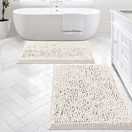 Bathroom Rugs Bath Mats for Bathroom Non Slip Luxury Chenille Bathroom Rugs Extra Soft Absorbent Shaggy Bathroom Mat Rugs Washable Fast Dry Bathroom Rugs Sets 2 Piece (Ivory, 24" x 36"/20" x 32")