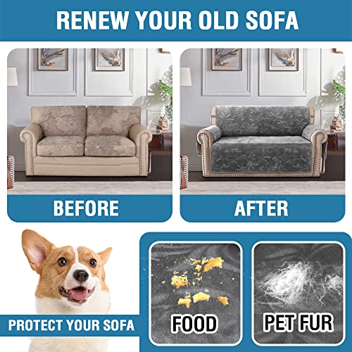 Sofa Slipcover 100% Waterproof Sofa Cover Couch Cover Premium Velvet Classic Flower Pattern Furniture Protector Non Slip with Elastic Straps for Pets Dogs Width Up to 52 Inch (Medium Sofa, Grey)