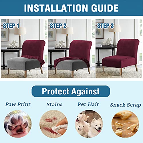 Armless Chair Slipcover Thick Striped Velvet Accent Chair Cover for Living Room High Stretch Slipper Chair Slipcover Removable Furniture Protector with Elastic Bottom, Machine Washable, Burgundy