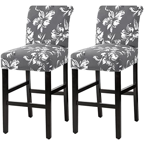 H.VERSAILTEX Stretch Bar Stool Cover Set of 2 Pub Counter Stool Chair Slipcover for Dining Room Cafe Height Side Chairs Feature Modern Floral Printed Design, Grey