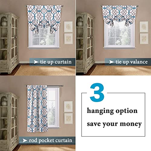 Blackout Curtain Thermal Insulated Adjustable Tie Up Shade Balloon Window Shade, Room Darkening Rod Pocket Curtain - 42" Wide by 63" Long - Teal and Taupe Geo Pattern