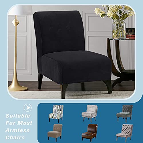 Armless Chair Slipcover Thick Striped Velvet Accent Chair Cover for Living Room High Stretch Slipper Chair Slipcover Removable Furniture Protector with Elastic Bottom, Machine Washable, Black