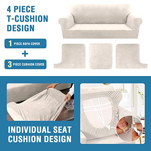 Sofa Cover 4 Piece T Cushion Sofa Slipcovers Thick Velvet Couch Cover Furniture Protector Stretch T Cushion Sofa Covers for 3 Cushion Couch with 3 Individual T Cushion Covers Washable, Ivory