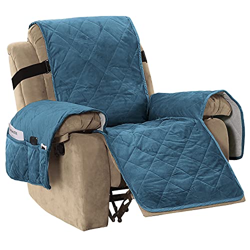 Thick Velvet Quilted Recliner Covers for Recliner Chair Covers Reclining Chair Slipcover Recliner Couch Cover with Non Slip Backing and Wider Elastic Strap (Checked - 79" x 68"- Peacock Blue)