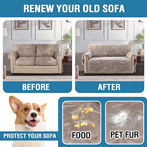 Sofa Slipcover 100% Waterproof Sofa Cover Couch Cover Premium Velvet Classic Flower Pattern Furniture Protector Non Slip with Elastic Straps for Pets Dogs Width Up to 52 Inch (Medium Sofa, Taupe)