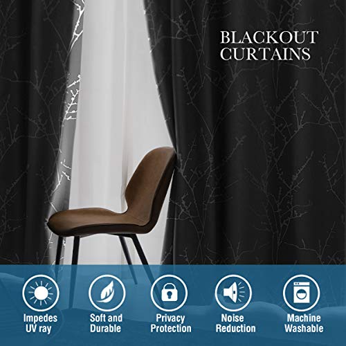 H.VERSAILTEX Blackout Curtains for Bedroom Foil Print Twig Tree Branch Thermal Insulated Grommet Curtain Drapes Light Blocking Thick Soft Window Curtains for Living 52 x 45 Inch Grey 2 Panels