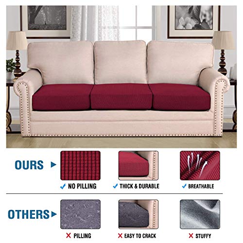 H.VERSAILTEX Super Stretch Individual Seat Cushion Covers Sofa Covers Couch Cushion Covers Slipcovers Featuring Thick Jacquard Textured Twill Fabric (3 Piece XL Sofa Cushion Covers, Burgundy Red)