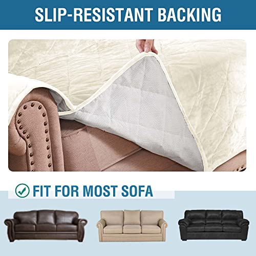 Thick Velvet Sofa Cover Soft Couch Cover for 3 Cushion Sofa Slipcover Washable Furniture Protector for Dogs, Non-Slip Elastic Straps Fit Sitting Width Up to 70"(Sofa, Ivory)
