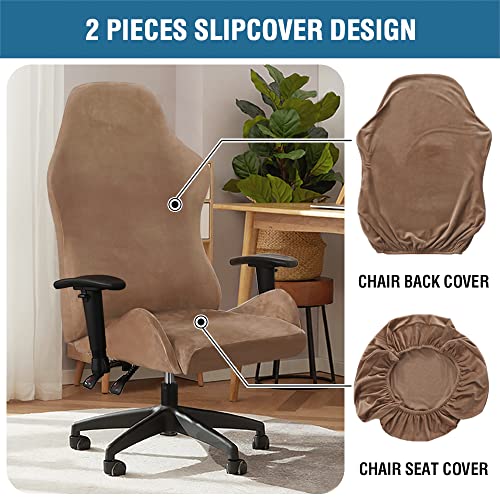 2 Piece Velvet Gaming Chair Covers Stretchable Game Chair Cover Protector Computer Chair Cover Computer Reclining Racing Ruffled Gamer Chair Protector Rotating Armchair Covers Without Chair (Camel)