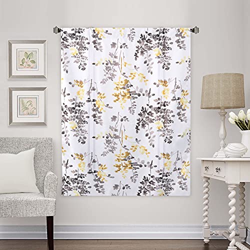 Blackout Tie Up Curtain - Thermal Insulated Balloon Curtain for Small Window Adjustable Kitchen Tie Up Curtain (Floral Pattern in Grey and Yellow, Rod Pocket Panel, 42 inches W x 63 inches L)