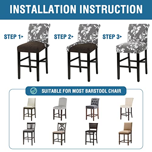 H.VERSAILTEX Stretch Bar Stool Cover Set of 6 Pub Counter Stool Chair Slipcover for Dining Room Cafe Height Side Chairs Feature Modern Floral Printed Design, Grey