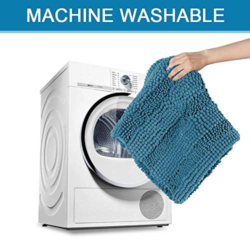 Bath Mats for Bathroom Non Slip Extra Thick Chenille Striped Bath Rug 24" x 36" Absorbent Non Skid Fluffy Soft Shaggy Rugs Washable Dry Fast Plush Mats for Indoor, Bath Room, Tub - Turquoise Blue