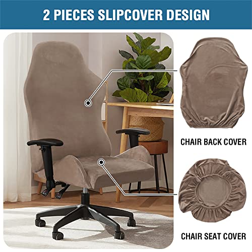 2 Piece Velvet Gaming Chair Covers Stretchable Game Chair Cover Protector Computer Chair Cover Computer Reclining Racing Ruffled Gamer Chair Protector Rotating Armchair Covers Without Chair (Taupe)