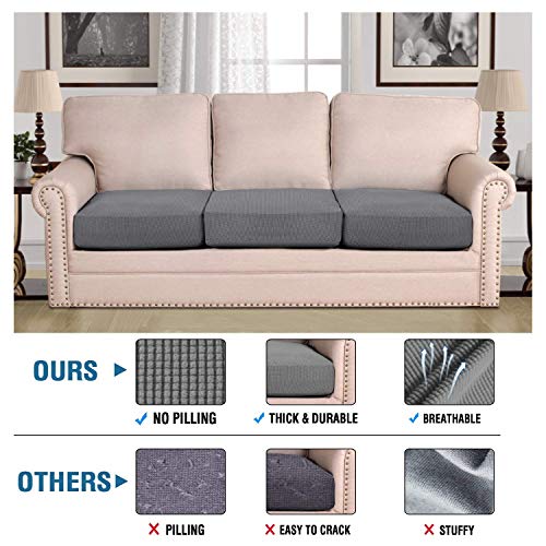 H.VERSAILTEX Super Stretch Individual Seat Cushion Covers Sofa Covers Couch Cushion Covers Slipcovers Featuring Thick Jacquard Textured Twill Fabric (3 Piece XL Sofa Cushion Covers, Grey)