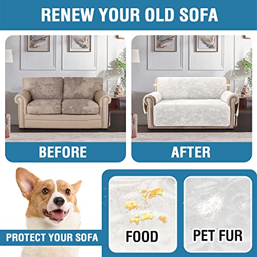 Sofa Slipcover 100% Waterproof Sofa Cover Couch Cover Premium Velvet Classic Flower Pattern Furniture Protector Non Slip with Elastic Straps for Pets Dogs Width Up to 52 Inch (Medium Sofa, Ivory)