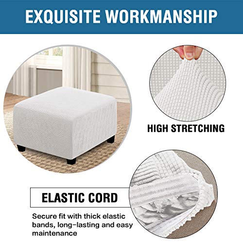 Square Ottoman Covers Ottoman Slipcovers Folding Storage Stool Furniture Protector Form Fit with Elastic Bottom, Stretch High Spandex Small Checks Jacquard Fabric(Medium,Off White)